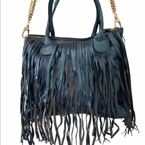 Alberta Di Canio Leather Fringe Bag Blue Metallic